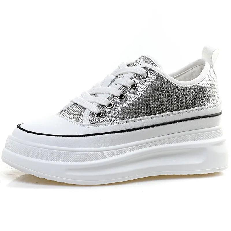 Women's Platform Shoes Sequined Shoes Leather Breathable Inner Increase White Shoes Casual Shoes Female Students' Thick-soled Shoes