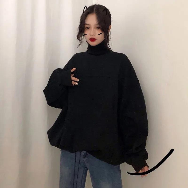 Winter Hoodies Turtleneck Pullover Sweatshirts Oversized Loose Casual Harajuku Tracksuit Fleece Warm Top Clothes Women Sport Shirts Knitted Collar