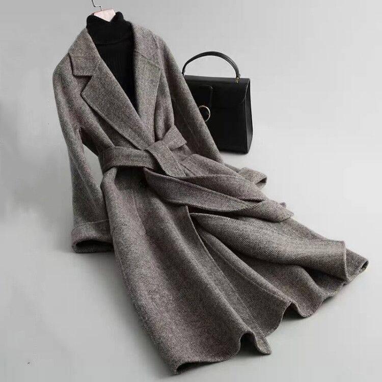 Cashmere Coat Elegant Long Women's Coat Lapel 2 Pockets Belted Jackets Coats Female Outerwear