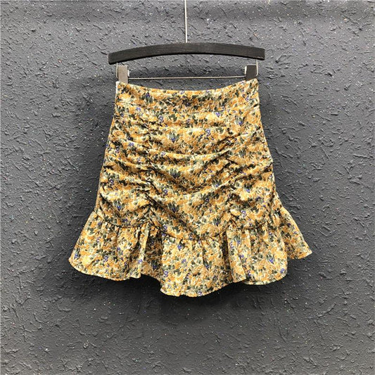 Women Skirts Floral Printed A-line Mini Skirts Ruffles Pleated Skirts Beach Holidays Casual Skirts