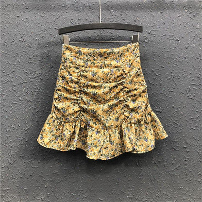 Women Skirts Floral Printed A-line Mini Skirts Ruffles Pleated Skirts Beach Holidays Casual Skirts