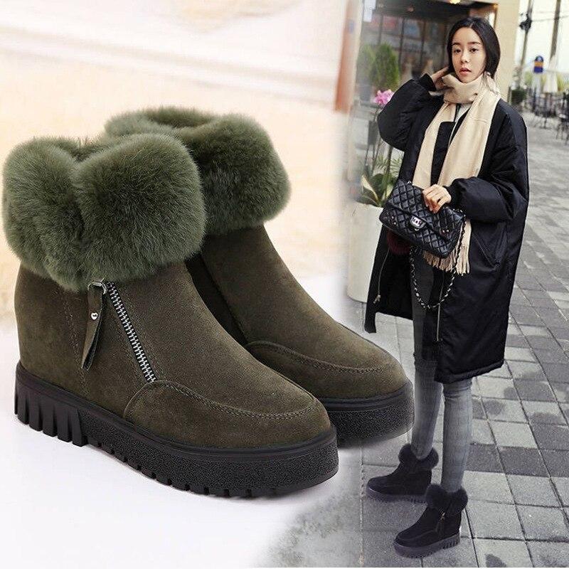 Winter Boots Wedge Heels Shoes Women Platform Chunky Boots Fur Warm Ankle Booties Suede Snow Shoes Black Green Plus Size
