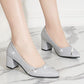 Genuine Leather Single Shoes Women's Mid-heel Thick Heel Spring and Autumn All-match Shallow Mouth Casual Pointed Toe Fashion Rhinestone Women's Shoes