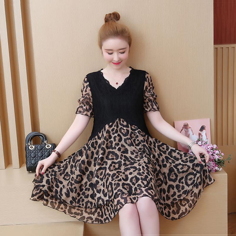 Large Size L-XXXXXL Women's Summer Dress Chiffon Veil Leopard Printing Above Knee V-neck Ruffle