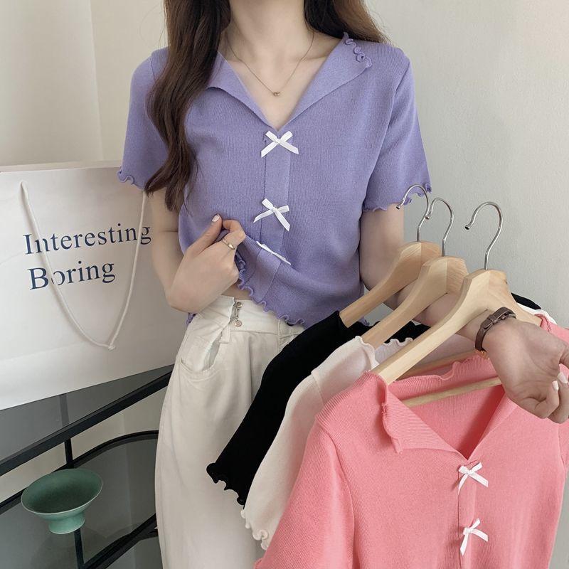 V-neck Short-sleeved T-shirt Women's Summer Slim Short Fungus Edge Knitted Sweater Ice Silk Thin Top