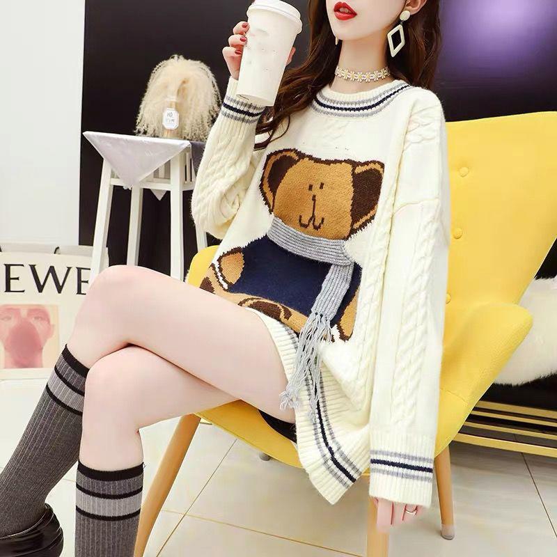 Autumn Winter  Women Fashion Sweater Casual Knitting Sweater Mid-length  Round Neck Pullovers Loose Casual Long Sleeve Sweater