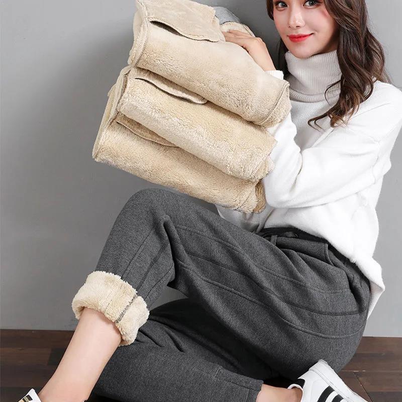 Plus Velvet Thickening Imitation Lamb Velvet Sweatpants Women's Winter Warm Cotton Trousers Wear Loose-fitting Casual Trousers Large Size Slim