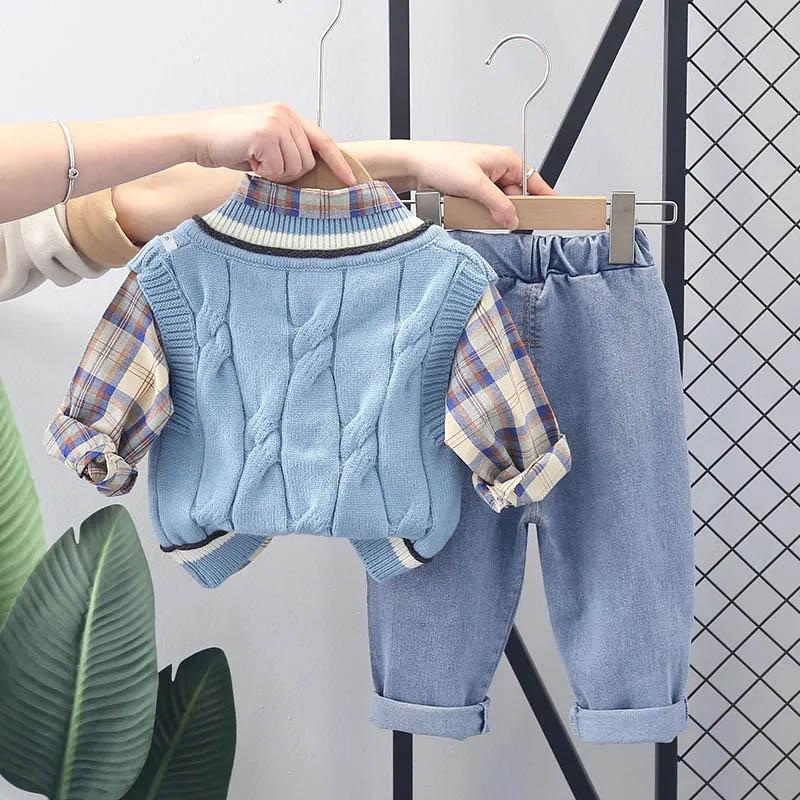 Boys Spring and Autumn Suit Handsome Baby Spring Sweater Vest Three-piece Children's Plaid Shirt Long-sleeved Comfortable Suit