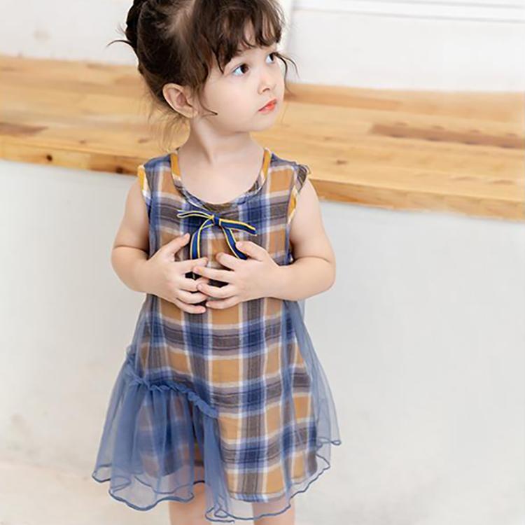 Children Dress Girls Summer Thin Dresses Plaid Sleeveless Bowknot Princess Dress Irregular Mesh Dress Vest Dress