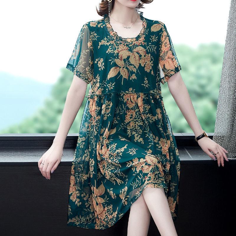 Women's Summer Dress XL-XXXXXL Chiffon Veil Short Sleeve Round Neck Printing Daily Wear