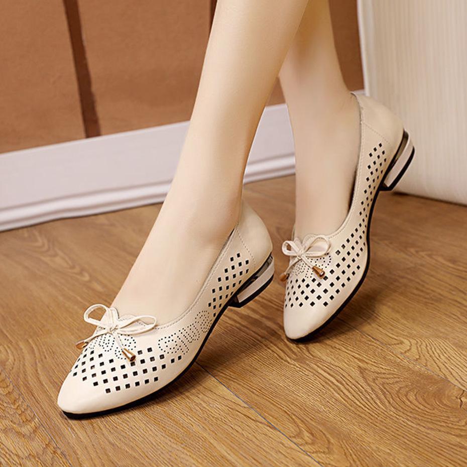 Women's Shoes Spring Flat Hollow Pumps Soft Leather Shoes Bow Low Heel Soft Sole
