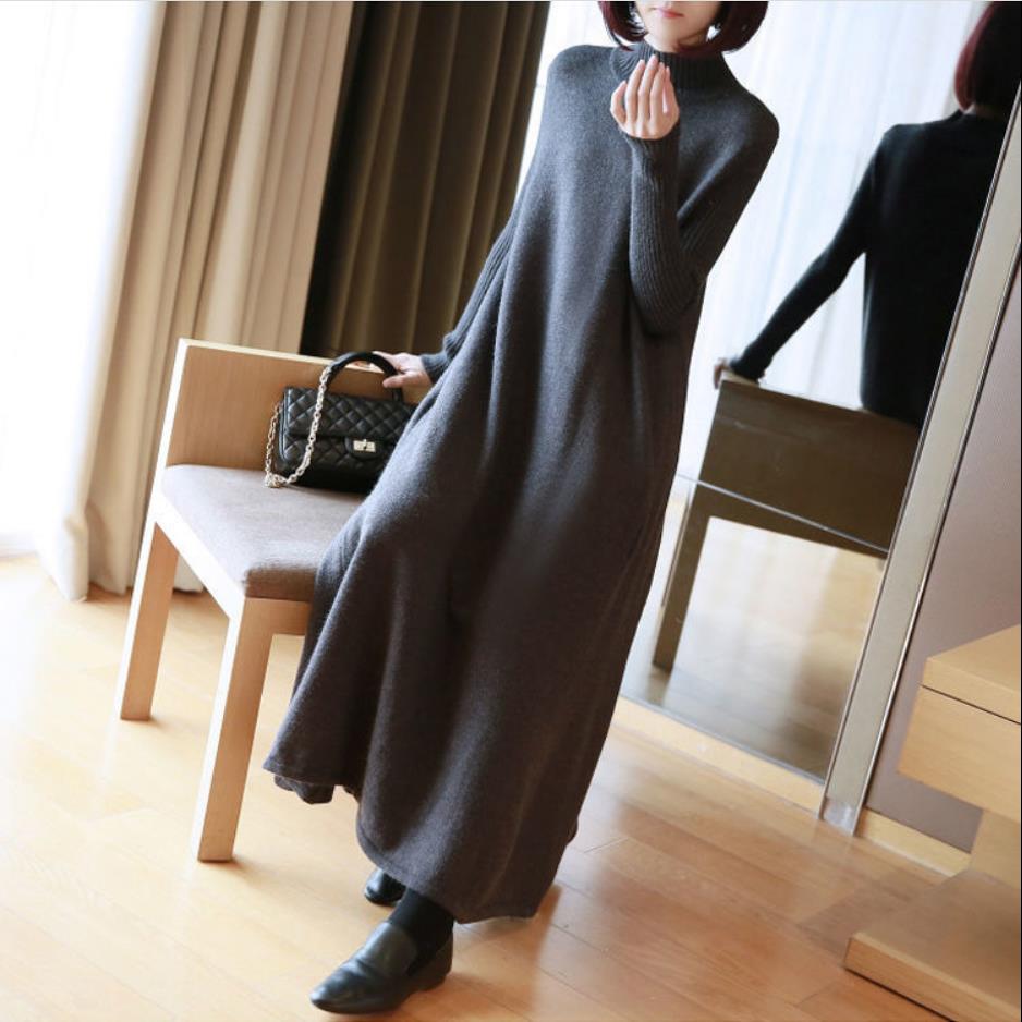 Autumn and Winter Thick and Big Swing Knit Dress Half High Neck Over The Knee Long Inner Matching Coat Loose Sweater Skirt
