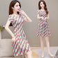 Women's Summer Print Mid-Length Dress Large Size Loose V-Neck A-Line Skirt