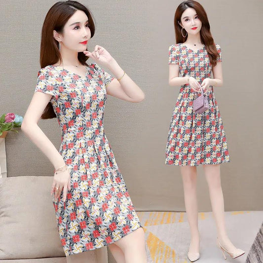 Women's Summer Print Mid-Length Dress Large Size Loose V-Neck A-Line Skirt