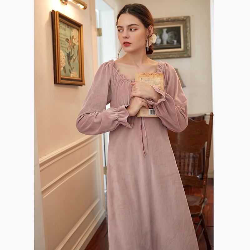 Women's Elegant French Court Nightdress Coral Velvet Long Dress Long-sleevs Pleated Off Shoulder Sexy Warm Home Wear Outerwear