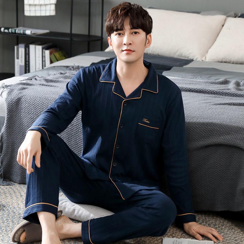 100% Double-sided Cotton Pajamas Men's Long-sleeved Spring, Autumn and Winter Young and Middle-aged Casual Plus Size Winter Home Service Suits