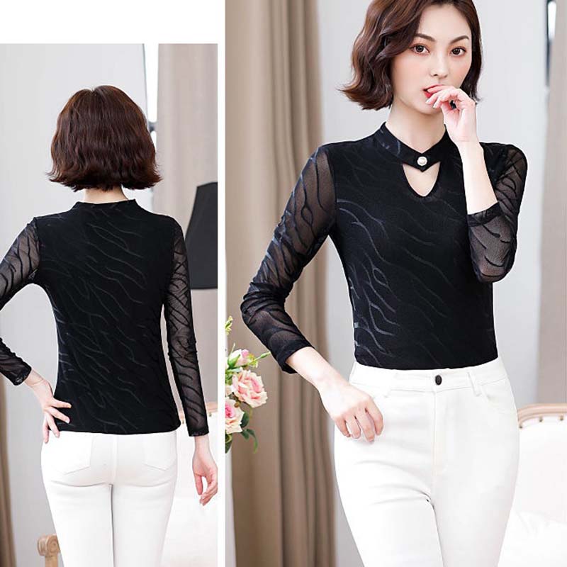 Spring and Autumn Bottoming Shirt V-Neck Mesh Top Casual Inside Long Sleeve Slim Fit T-Shirt Ladies Yarn