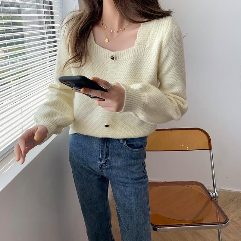 Spring, Autumn and Winter Outer Wear Square Neck Long-sleeved Pullover Sweater Women Loose and Thin Short Knit Sweater Women's Top All-match