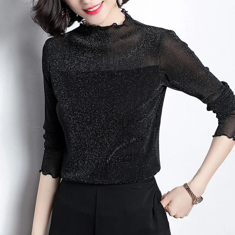 Women T-Shirts Ladies Long Sleeve See-Through Top Clubwear Tulle Bright silk Black Tees Pullover