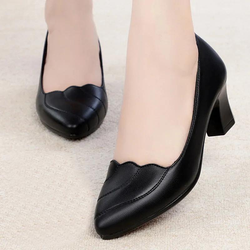 Women Mid Square Heel Shoes Pumps Black PU Office Lady Shoes Spring Non Slip Fashion Mother Oxford Shoes