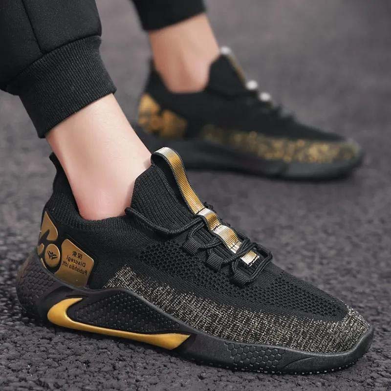 Spring Real Flying Knitting Shoes Men's Breathable Fashion Sneakers Black Gold Men's Sports Running Shoes Men's Shoes