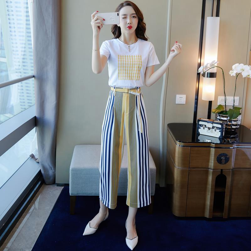 Summer Women's Cotton T-shirt Wide-leg Pants Two-piece Women's Round Neck Short-sleeved T-shirt + Loose Wide-leg Pants Fabric Soft and Sweat-absorbent