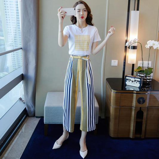 Summer Women's Cotton T-shirt Wide-leg Pants Two-piece Women's Round Neck Short-sleeved T-shirt + Loose Wide-leg Pants Fabric Soft and Sweat-absorbent