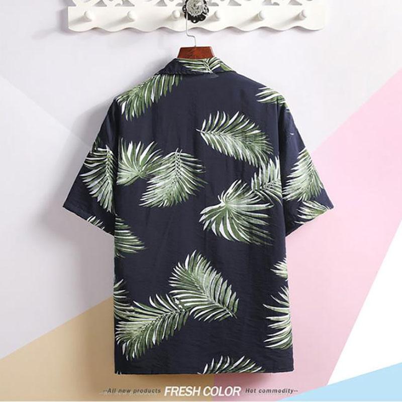 Summer Men Tees Beach Shirt Leaf Print Tee Plus Size Loose Overshirt Half Sleeve Retro Clothes Casual Male Undies Button Up Top