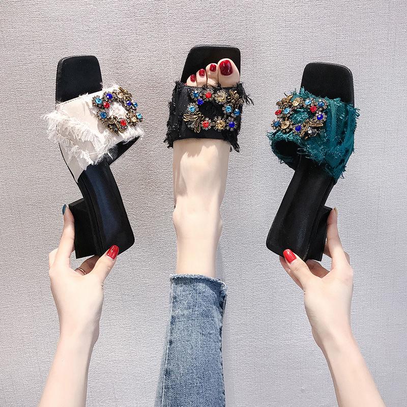 Fashion net red rhinestones with thick heel with a drag sandals ins slippers women summer wear