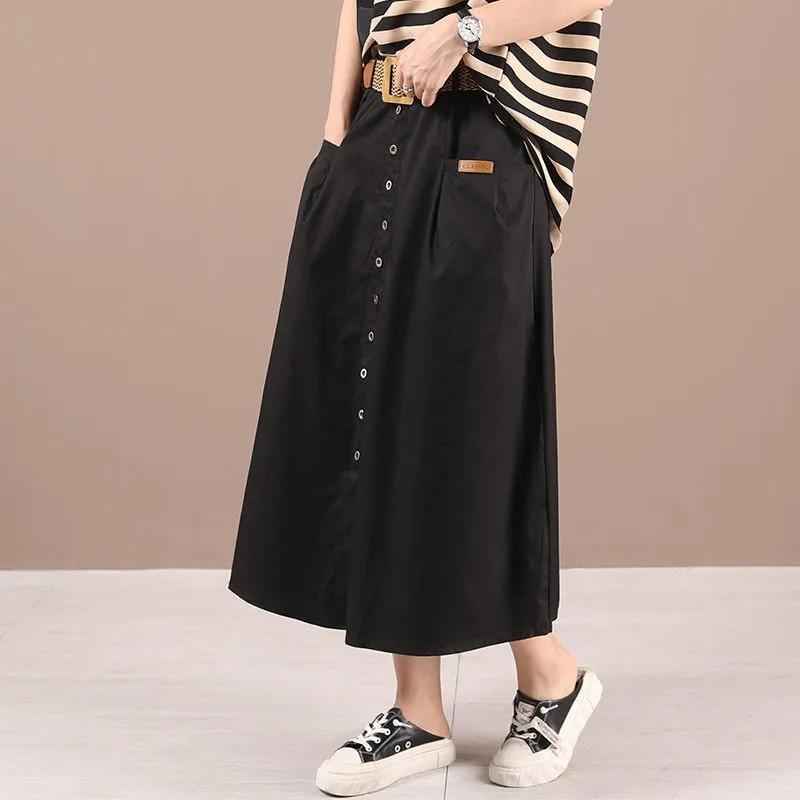 Woman Skirts Washed Cotton Skirt Female Summer High Waist Buttons A-line Skirts All-match Thin Calf-length Sashes Skirt