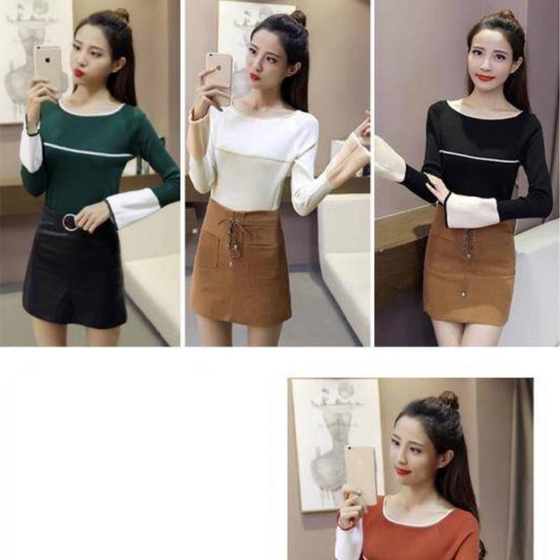 Pofulove flared sleeves hit color wild round neck jumper long sleeve bottoming sweater women