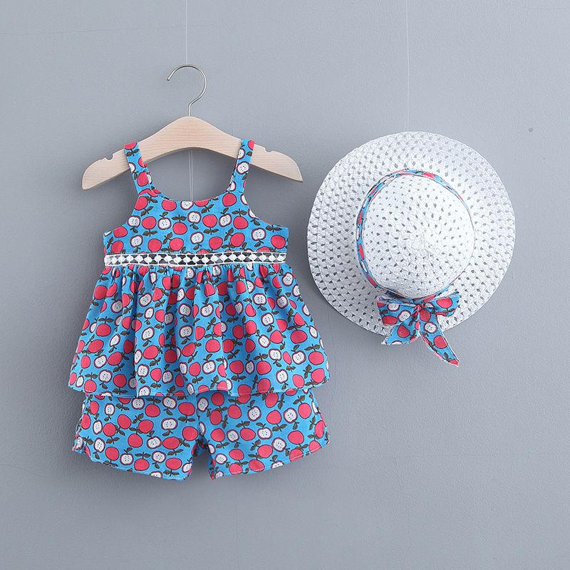 3PCS Children Clothing Set Spring Summer Sling Girls Suits Sleeveless Chrysanthemum Tops + Pants + Hats Clothing Set