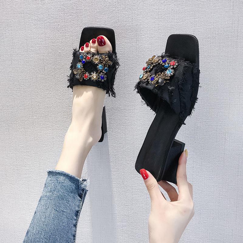 Fashion net red rhinestones with thick heel with a drag sandals ins slippers women summer wear