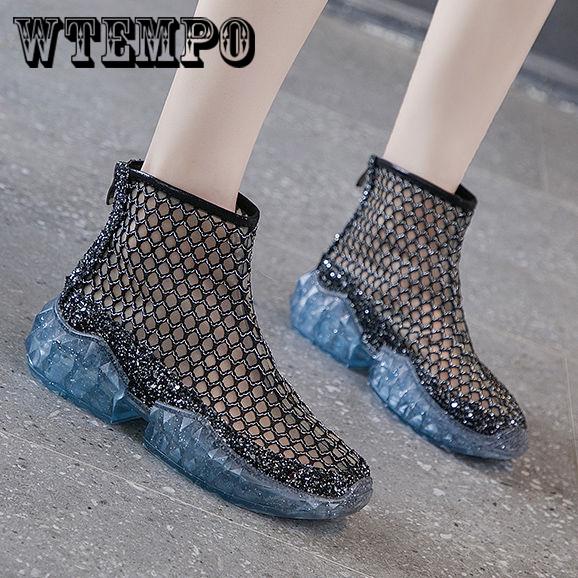 WTEMPO Mesh Short Boots Female Hollow Muffin Sequins Summer Boots