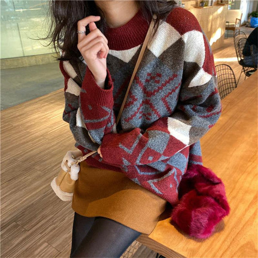 Half High Neck Pullover Sweater Women Fall Winter Casual Fashion Loose Contrast Color  Geometric Pattern Long-sleeved Sweater