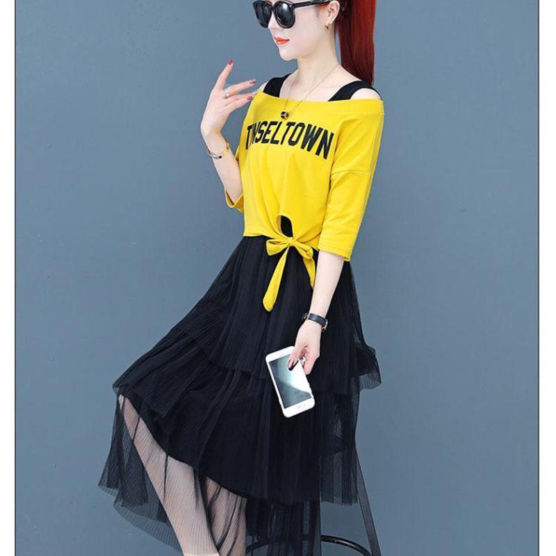 Summer Plus  Size Two-piece Set  Women Short Bow Crop Top T-shirt and Mesh Multi-layer Skirt 2 Piece Set