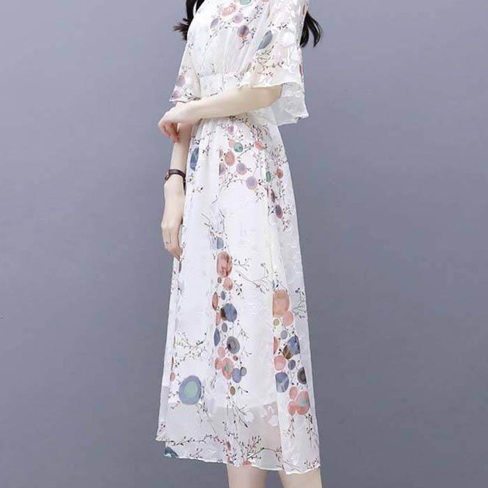 Pofulove Women V-neck White Chiffon Dress Slim Office Lady Sexy Short-sleeved Long A-line Dress
