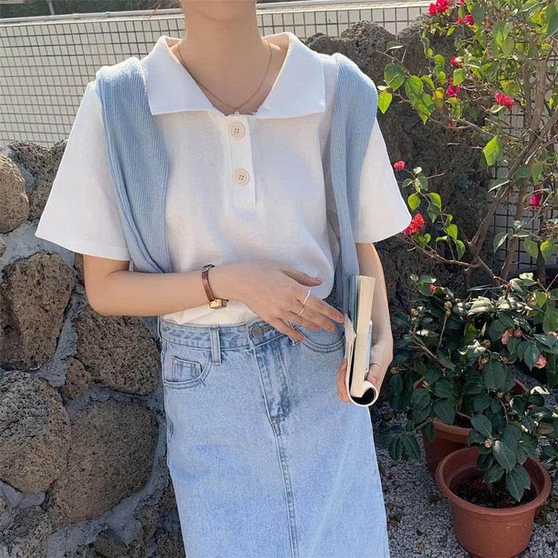 Short Sleeve T-Shirt Women Summer Loose Polo Collar Solid Color Top