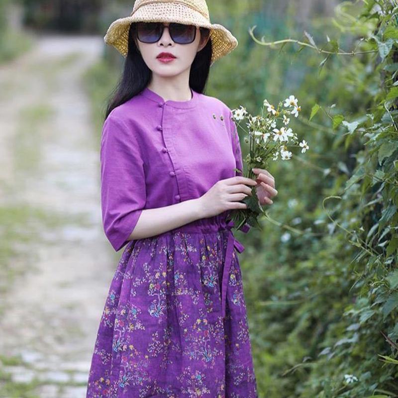 Purple Plus Size Ethnic Style Dress Linen Print Retro Cheongsam Round Neck Button Closure Floral Dress