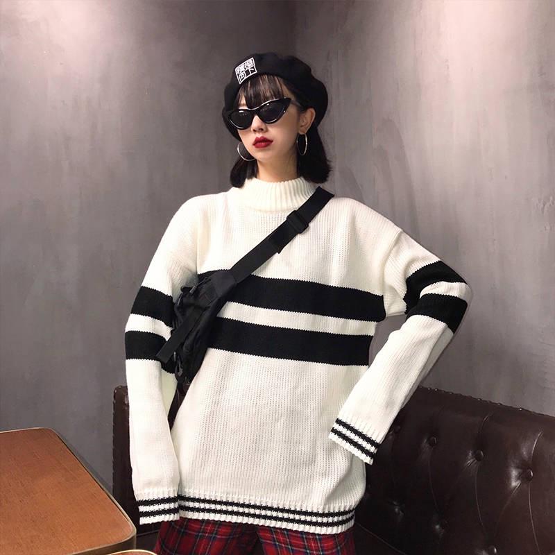 Striped Half Turtleneck Sweater Embroidery Female Autumn and Winter Loose Thick Knitted