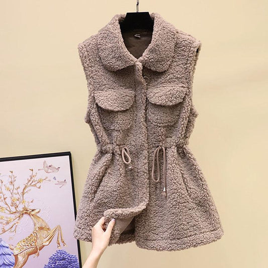 Lamb Wool Waistcoat Jacket Female Autumn and Winter Loose Mid-length Outer Jacket Solid Color Pocket Sleeveless Sweater