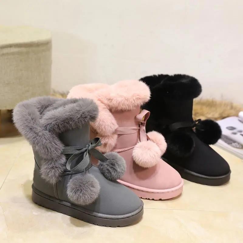 Winter Snow Boots Women's Mid-tube Cotton Boots Cotton Shoes Wool Ball Warm Women's Cotton Shoes