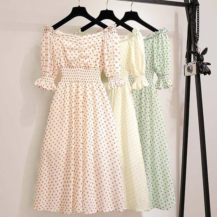 Pofulove Women Polka Dot Off Shoulder Floral Chiffon A-line Dress Thin O-Neck Long Evening Dress