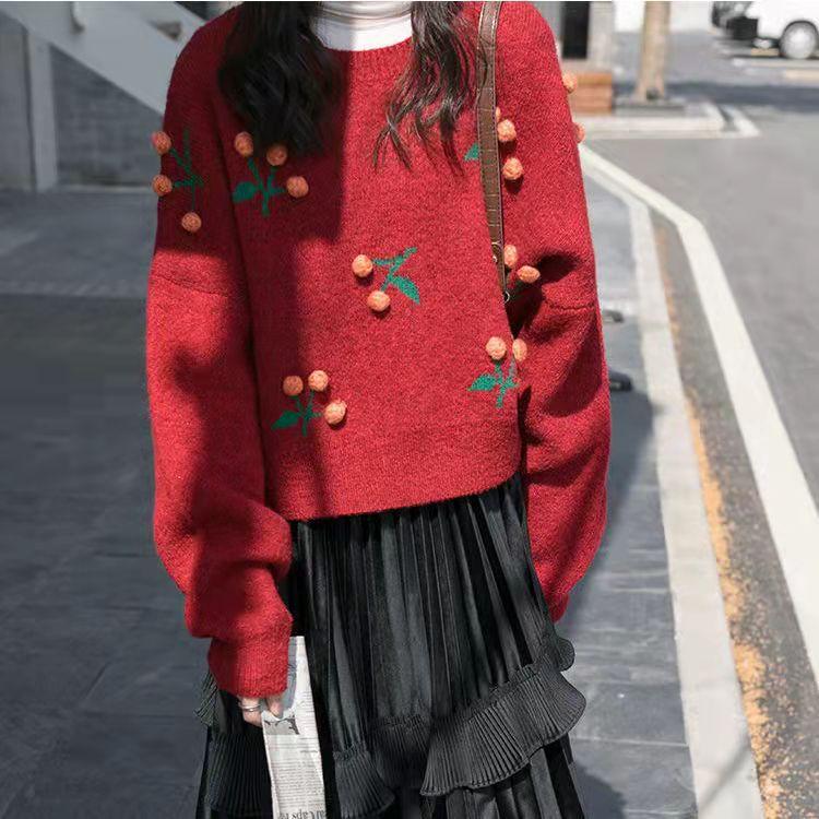 Autumn and Winter Women's Sweater Korean Loose Round Neck Pullover Retro Cherry Pattern Top