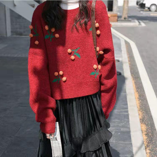 Autumn and Winter Women's Sweater Korean Loose Round Neck Pullover Retro Cherry Pattern Top