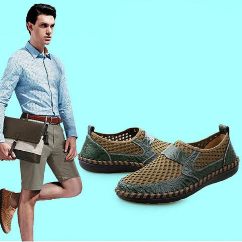 Cowhide Sandals Men's Hollow Mesh One Pedal Peas Shoes Men's Shoes Breathable Casual Lazy Shoes