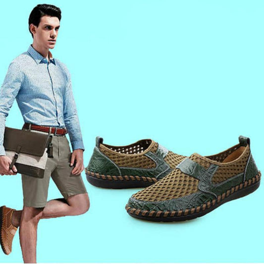 Cowhide Sandals Men's Hollow Mesh One Pedal Peas Shoes Men's Shoes Breathable Casual Lazy Shoes