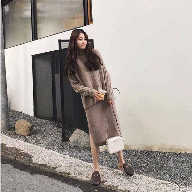 Two-piece Vest Dresses and Sweaters Girl's Winter Long Pullover Female Slim Thick Warm Sweater
