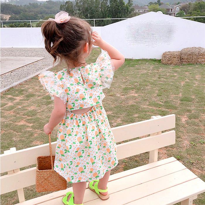 Girl's Back Hollow Out Dress Orange Skirt Children's Sleeveless Skirt Button Korean Baby Broken Flower Princess Skirt