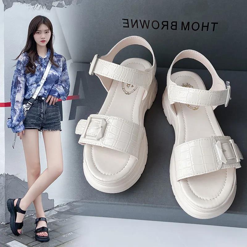 Sandals Women's Summer All-match Flat Shoes Non-slip Thick-soled Ladies Roman Shoes Black Glossy Simple Sports Casual Sandals